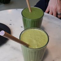 Green detox - orange juice, banana, spinach, spirulina  Kokos matcha - kokos milk, banana, spinach, matcha green tea powder #Veganuary at Barbarella Juicebar in Ljubljana