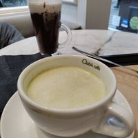 Matcha and thick hot chocolate with cream at Barbarella Juicebar in Ljubljana