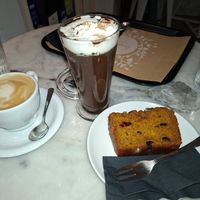 Pumpkin cake, cappuccino and hot chocolate at Barbarella Juicebar in Ljubljana