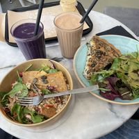 Blueberry & peanut butter protein shakes, Japanese bowl, quiche & salad  at Barbarella Juicebar in Ljubljana