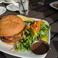 Hawaiian BBQ Impossible Burger! Pineapple, cabbage, vegan aioli, and coconut! So delicious at Harvest Seasonal Grill & Wine Bar in Harrisburg
