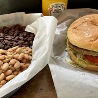 Impossible Burger with side of beans - both black and pinto beans are vegan! at Firewood in Murphys