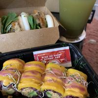 Oyster bay buns, mango tango sushi, and mint matcha lemonade at Buntopia in Brooklyn