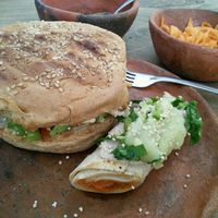 burger + taquito at Schizandra in Oaxaca