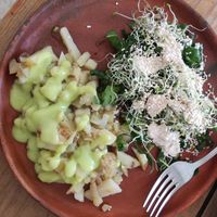 Delishhh potato salad with guac, and green salad with cress and sesame sauce at Schizandra in Oaxaca
