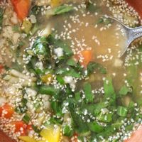 Rice and amaranth soup with vegetables at Schizandra in Oaxaca