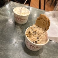 Vegan peanut butter chippy and lemon sorbet! The peanut butter is DELISH!!!! Sorbet is tasty too. Skip the cookie though (vegan and gluten free so a little grainy)  at Leopold's Ice Cream in Savannah