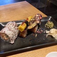 Miso roll, corn crunchy sushi, aubergine crunchy sushi.  at Nooch - Barfuesserplatz in Basel