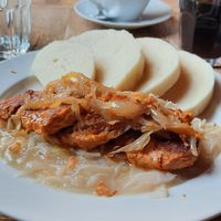 Vegan vepřo knedlo zelo (roasted pork with dumplings and sauerkraut) at Satsang in Prague