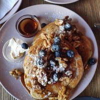 Pancakes with caramelised walnuts and blueberries #Veganuary at Satsang in Prague