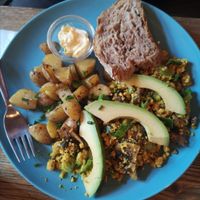 Scrambled 'Tofu' (Actually Chickpeas not Tofu) with added Mushrooms, Spring Onions and Avocado for Saturday Brunch at Satsang in Prague