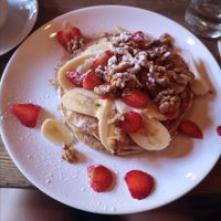 The BEST pancakes I've had... Ever. With added Strawberries, Banana and Candied Walnuts. (Vegan if asked for with Vegan spread instead of butter) at Satsang in Prague