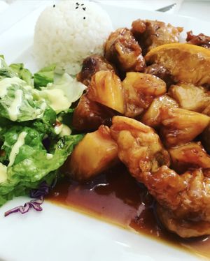 Savory Orange Pineapple Chick'n  at Loving Hut in Upland