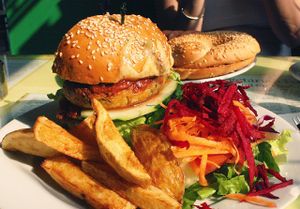 Wholesome Tofu Burger at Bookworm Cafe in Outlying Islands