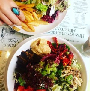 salad and bean burger at Bookworm Cafe in Outlying Islands