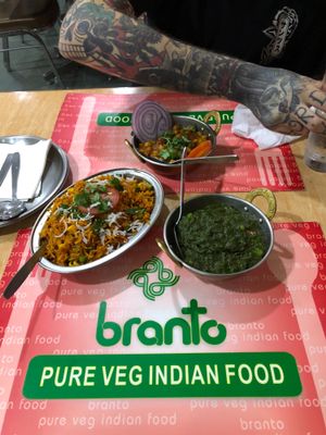 Spinach palak, vegetable briyani and Chana Masala, vegan.  at Branto Pure Indian Vegetarian Club in Kowloon
