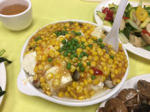 Corn and soft tofu dish at Po Lin Monastery 寶蓮禪寺齋堂 in Outlying Islands