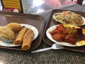 Taro dumpling, spring rolls, various fake meats and fried noodles  at Po Lin Monastery 寶蓮禪寺齋堂 in Outlying Islands