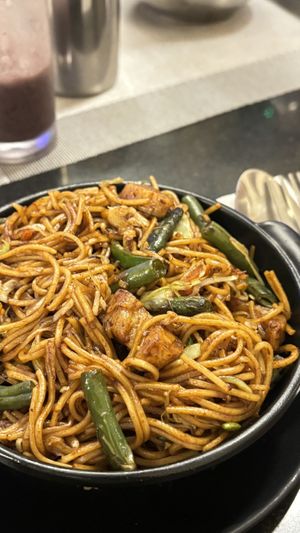 Vegan noodles   at MVT Restaurant in Vrindavan