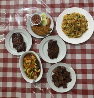 Mock Duck, mock beef jerky, mock fish, stinky beans with fish and fried ricenoodels   at Happy Buddha in Kuta