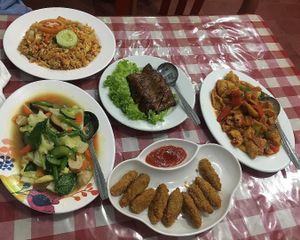 Nasi goreng, mock duck, chicken dippers, mixed veg and sweet and sour chicken at Happy Buddha in Kuta