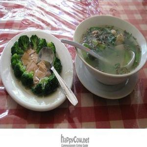 Broccoli & ham ; Meatball soup at Happy Buddha in Kuta