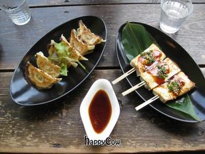 Cafe Proverbs

Tasty entrees: 
-- Gyoza
-- Grilled tofu sticks  at Cafe Proverbs 15:17 in Kyoto