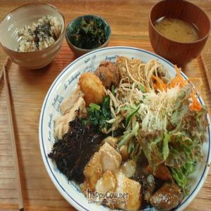 A plate filled up with Obanzai lunch buffet foods.  at Obanzai in Kyoto