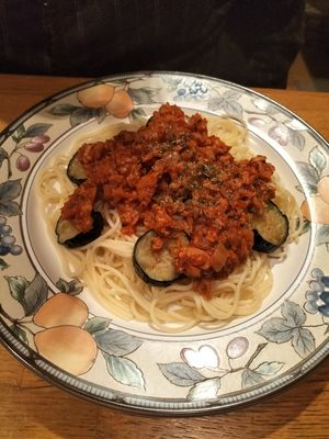 Eggplant bolognese at Green Earth in Osaka