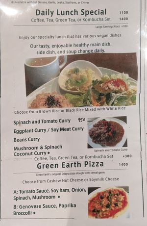 Menu at Green Earth in Osaka