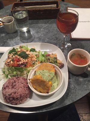 My lunch set with Kombucha for 1000 yen. Also, the salad dressing was a peanut sauce dressing.... IT WAS SO GOOD! at Green Earth in Osaka