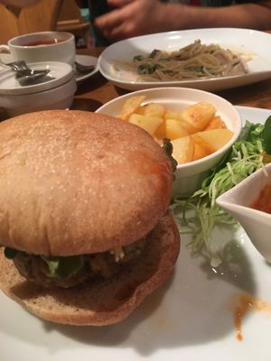 Soy burger with salad and potatoes  at Green Earth in Osaka
