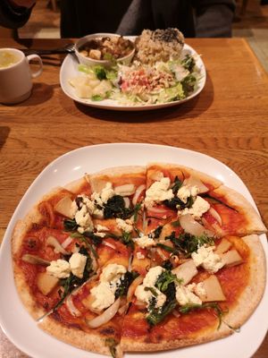Vegan pizza with cheese, soy meat and mushrooms at Green Earth in Osaka
