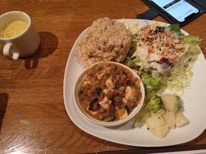Chinese mabo tofu with salad rice and potatos and corn soup! at Green Earth in Osaka