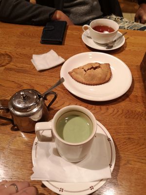 Soy milk matcha latte and vegan apple pie and tea at Green Earth in Osaka