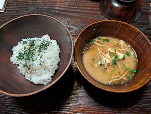 White Rice Garnished with Green Tea - Han Tsu with Miso Soup - So Ju at Fucha Bon in Tokyo