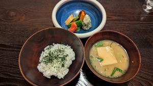 Rice with green tea, miso soup and pickles at Fucha Bon in Tokyo