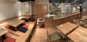 Buffet serving line and kotatsu seating  at Crayon House in Tokyo
