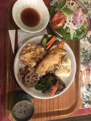 Vegan lasagne , pumpkin tempura, ummm everything’s good♡ at Crayon House in Tokyo