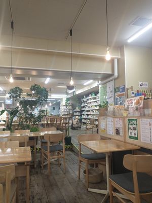 Restaurant area + shop in the back at Crayon House in Tokyo