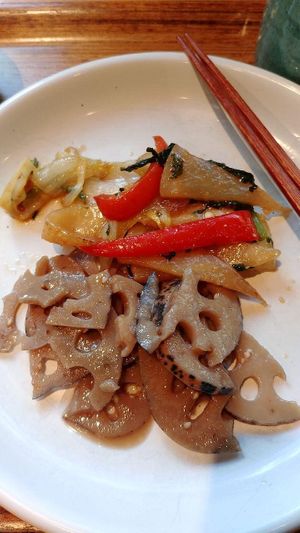 2nd helping: more cooked mixed veg, lotus root cold salad at Crayon House in Tokyo