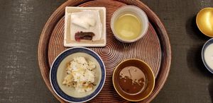 Rice, mushroom soup and tea at Daigo in Tokyo