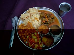 The plate with most of the food they had on the spread that day at Annalakshmi Temple of Fine Arts in Penang