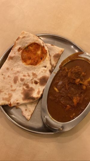 Masala naan and Gobi masala. Both tasty  at Woodlands Vegetarian Restaurant - Georgetown in Penang