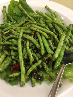 Sauteed olive green beans. Super tasty! Vegan. at NEU Vegetarian Restaurant in Petaling Jaya