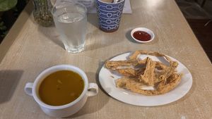 Pumpkin soup and crispy bean curd   at Greens in Quezon City