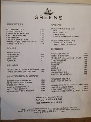 Menu at Greens in Quezon City