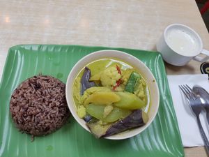 Thai Green Curry with brown rice. Accompanied by an organic soy bean drink. at Ci Hang 慈航 in Central Singapore
