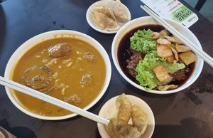 Curry ramen, zha jiang ramen with dumplings at Divine Realm 天运素食园 in Northeast Singapore