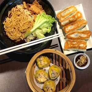 Noodles, siew Mai, potstickers  at Divine Realm 天运素食园 in Northeast Singapore